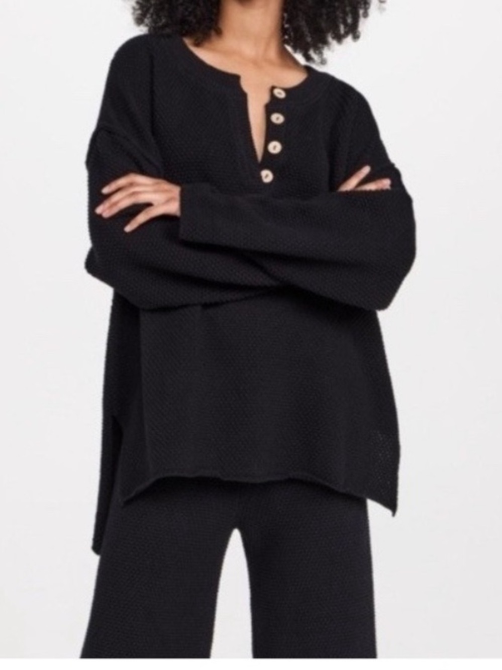 Free People Beach Hailee Sweater Black Pullover Wooden Buttons Cotton Medium